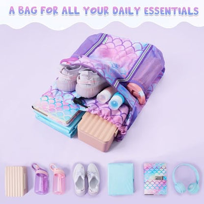 WAWSAM Kids Gym Drawstring Backpack String Bag, Mermaid Sports Gym Bag for Kids Girls Waterproof Swimming Beach String Cinch Backpack with Two Water Bottle Pocket - color: Mermaid