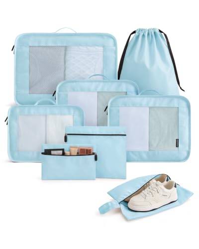 LIGHT FLIGHT 8 Set Packing Cubes for Travel, Durable Travel Essentials for Cruish Ship, Suitcase Organizer Packing Bags (8-Pack 1L+2M+1S+1Shoe Bag+2Toiletry Bags+1Laundry Bag) - color: Light Blue