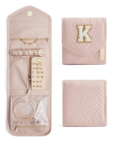 BAGSMART Travel Jewelry Organizer Case K Initial Foldable Jewelry Roll for Journey Rings, Necklaces, Earrings, Bracelets,Mini,Letter K,Soft Pink - color: Pink-K, size: Small