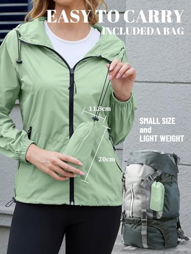 PITINAN Lightweight Rain Jacket Women Packable Wind Breaker Light Rain Jacket Women Waterproof Travel Raincoat S-XXL - color: Sage Green, size: Small