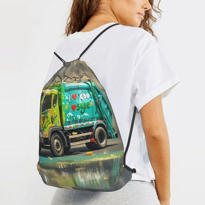 Drawstring Backpack Woemn Men Sports Gym Sack Lightweight Drawstring Bags I Love Garbage Trucks Cinch Bag Sackpack For Work Swim Travel