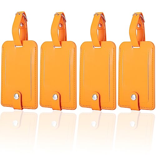 Luggage Bag Tags Leather Travel ID Labels Suitcase Name Tags with Snap - color: Orange 4 Pack