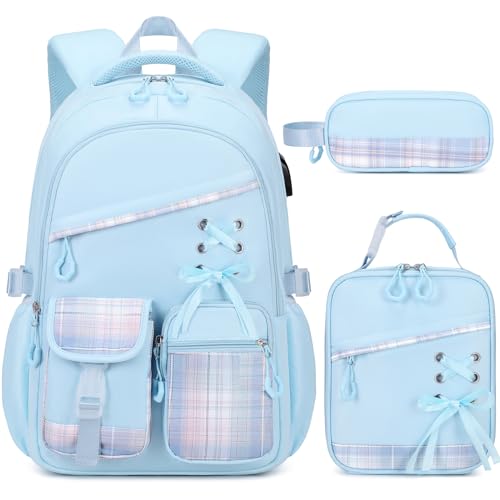DIGOBAY Backpacks for Girls - 3PCS Girls Backpack with Lunch Box & Pencil Pouch Plaid School Backpacks for Elementary Middle High College School Bookbag for Teen Girl Kids Students Blue - color: Blueplaid