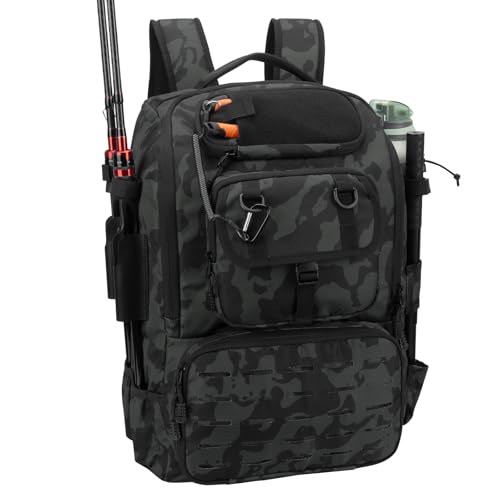 Pyrrhus 40L Fishing Backpack with Rod Holders & Insulated Cooler Compartment, Camping Cooler Tackle Storage for Anglers - color: Black
