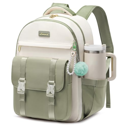 LOVEVOOK School Backpack for Teen Girls, Cute Student Backpack Purse Kid Bookbag for 8-17 Teenage, Back to School Backpacks Fit 15.6 Inch Laptop, College Travel Bag with Large Water Bottle Holder - color: Beige-light Green, size: 17.3 Inch