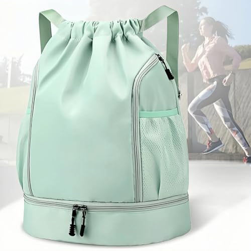 Drawstring Gym Backpack Multipocket Sports Sack with Mesh Pockets | Adjustable Strap Double Zipper Design, Large Capacity Lightweight for Gym Swim Travel Camping Outdoor - color: Green2