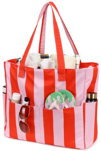LEDAOU Beach Bag Waterproof Sandproof Women Beach Tote Pool Bag with Zipper for Swim Gym Grocery Travel with Wet Pocket | Sandproof - color: Pink & Orange Stripe