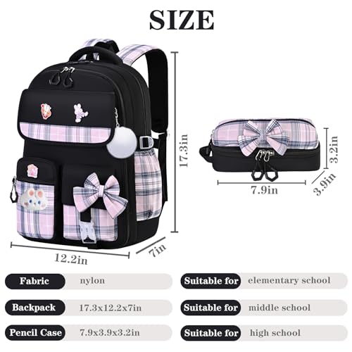 NSEQB Girls Backpack,Kids School Backpack With Lunch Box Pencil Case Set,Cute Childrens Schoolbag For Girls - color: Black-2PCS