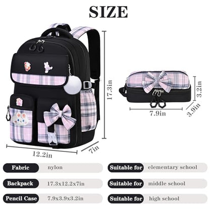 NSEQB Girls Backpack,Kids School Backpack With Lunch Box Pencil Case Set,Cute Childrens Schoolbag For Girls - color: Black-2PCS
