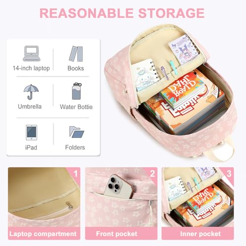 LEDAOU School Backpack for Teen Girls Elementary Middle School Bookbag Kids Backpacks Women Laptop Backpack Travel Daypack - color: Little Flower Pink
