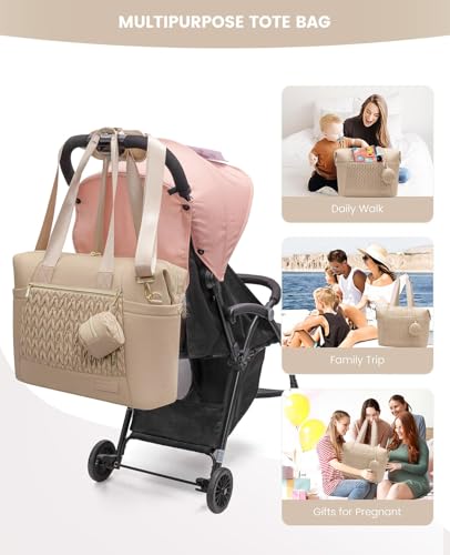 LOVEVOOK Diaper Bag Tote, Baby Diaper Bag Waterproof Travel Diaper Tote with Changing Pad - color: Khaki