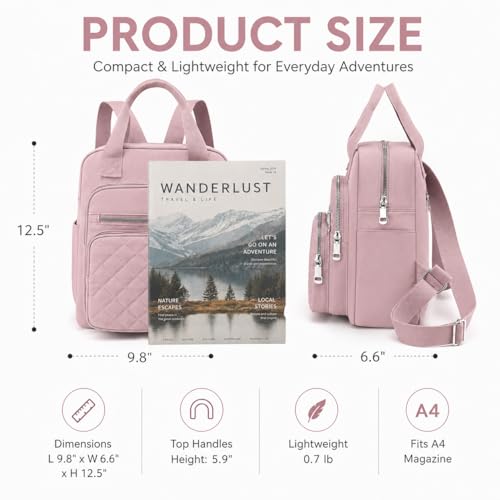 Small Backpack for Women Casual Quilted Square Bag Waterproof Multi Pockets Daypack Lightweight Top Handle Satchel - color: Pink