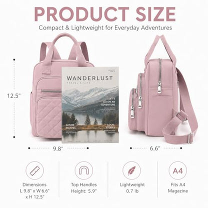 Small Backpack for Women Casual Quilted Square Bag Waterproof Multi Pockets Daypack Lightweight Top Handle Satchel - color: Pink