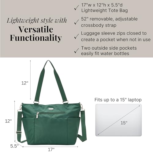 Baggallini Essential Laptop Tote - Work Tote Bag with Laptop Sleeve - Lightweight Travel Crossbody Shoulder Bag for Women - color: Pine