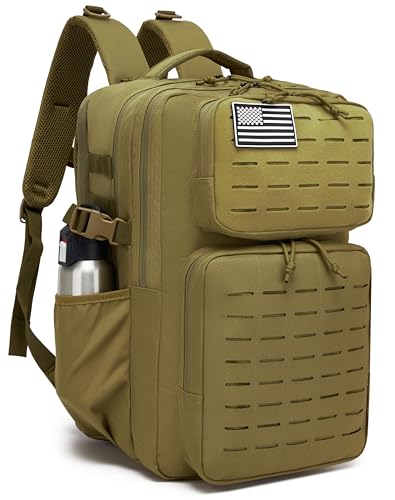 Wotony Military Tactical Backpack for Men Waterproof Daypack 3 Day Assault Pack Laser-Cut MOLLE Webbing Design with Water Bottle Holder Black Small Tactical Assault Bag (Khaki, 35L) - color: Khaki, size: 35L