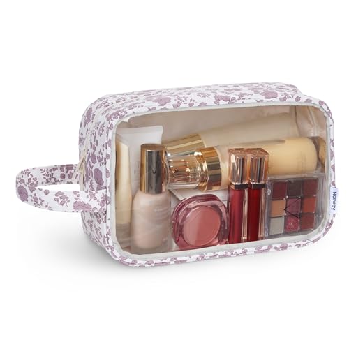 Narwey Clear Toiletry Bags for Traveling Women Men, Clear Travel Bags for Toiletries Makeup Bag Cosmetic Bag with Zipper, Make Up Organizer, Skincare Bag (Dusty Pink Flower) - color: X-Dusty Pink Flower