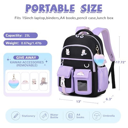 Girls Backpack, Lightweight Kids Backpack Kawaii School Backpacks Bookbag for Primary Elementary School,Age 6-14 years,Green Match Purple(Luggage Strap Ver) - color: 1pc-black & Purple(luggage Strap Ver)