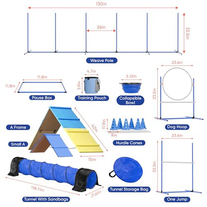 FetchFlow Dog Agility Training Equipment – Complete Backyard Agility Course Set w/Adjustable A-Frame Ladder, Weave Poles, Cones, Jump Hoop, Tunnel & Sandbags – Outdoor Dog Playground Kit