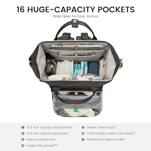 LOVEVOOK Diaper Bag Backpack, Baby Bag with Changing Station, Large Diaper Backpack for Moms Dads, Waterproof Leather Accents Baby Boy and Girl Bag for Travel Baby Essentials, Black - color: Black