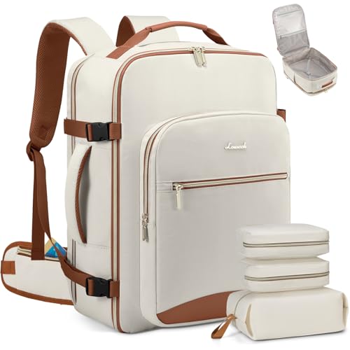 LOVEVOOK 40L Travel Backpack with Waist Strap,Flight Approved Carry on Backpack,Waterproof Personal Item Travel Bag,TSA Carry on Luggage Suitcase Travel Essentials,Gifts for Women & Men,fit 17" Laptop - color: Beige-brown, size: Large-40L-4Pcs(Waist Strap