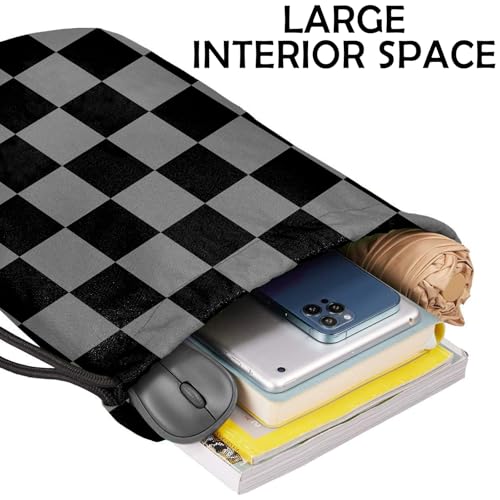 Drawstring Backpack Draw String Bag Waterproof for Sports Gym Beach Travel Cute Aesthetic Sackpack Men Women (13"×17")-Black Gray Checkered - color: S-12-black Gray