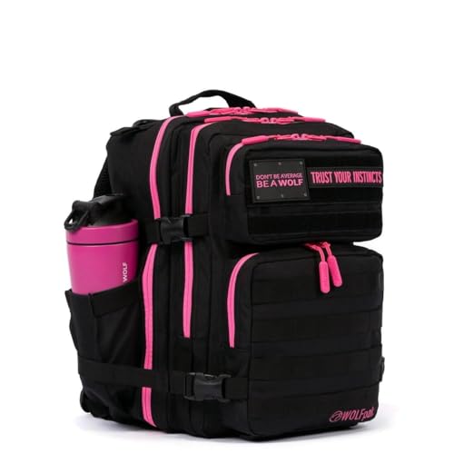 WOLFpak 25L Athletic Gym Backpack (Black Neon Pink) Durable 1000D Waterproof Oxford Material with MOLLE Webbing, Laptop Pocket & Dual Cup Holders - color: Pink Neon