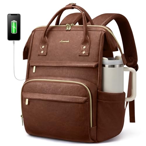 LOVEVOOK Laptop Backpack for Women with Large Water Bottle Pocket, 17 inch Water Resistant Leather Travel Backpack with USB Port, Professional Work College Teacher Backpack - color: Retro Brown, size: 17-Cup