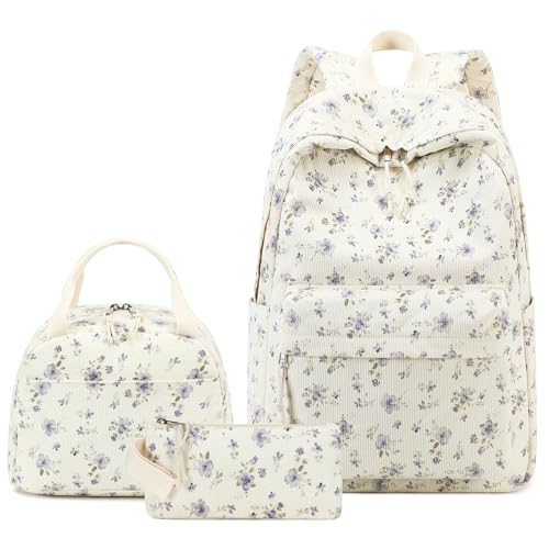 BTOOP School Backpacks for Teen Girls Bookbags Lightweight Kids Backpack School Bags Set with Lunch Box Pencil Case - color: Purple Flower 201