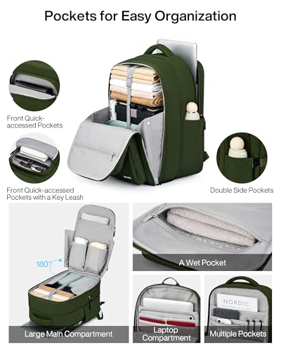 MILADA Expandable Travel Backpack 28L to 39L, TSA-Approved Carry On Backpack with 17 Inch Laptop Compartment, School Business Work Backpack for Men & Women, Green - color: Green