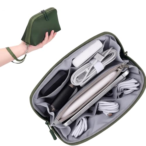 FYY Travel Cable Organizer - 8 Compartments Lightweight Water Resistant Tech Pouch with Wrist Strap, Portable Electronic Accessories Case for Cord Charger Storage for Travel Home Office, Green (Small) - color: Green, style: S
