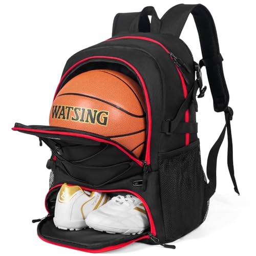 GRANDUP Basketball backpack with ball and shoes compartment Fit Volleyball, soccer, Swim, Gym, Travel, and School, large capacity sports training equipment bags - color: Black With Red Zipper