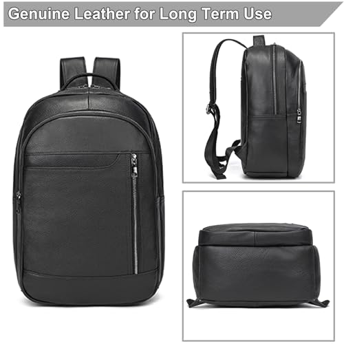 Large Capacity Black Leather Backpack for Men, 15.6 Inch Genuine Leather Laptop Backpack Business Travel Shoulder Daypacks - color: Y80&16y Black