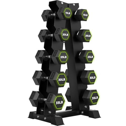 HANDBODE Rubber Coated Hex Dumbbell Set with A-Frame Rack, 100 lb - 600 lb Multiple Options Weight, Hexagon Non-Rolling Shape, Ergonomic Knurled Handle, Home Gym Equipment for Strength Training - style: 250 lb (15, 20, 25, 30, 35 lb) X 2 & Rack