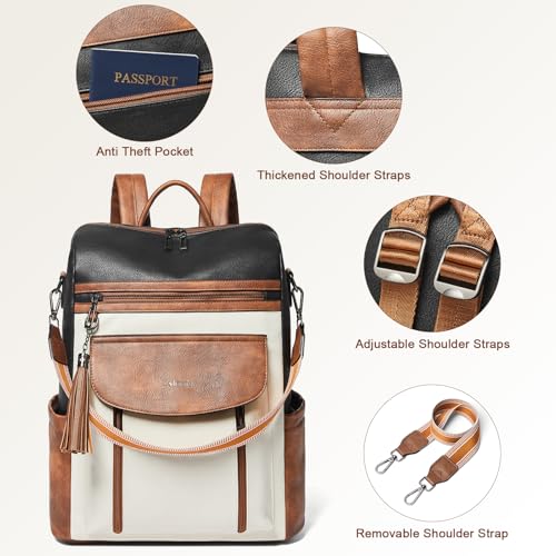 Shrrie Laptop Backpack for Women 15.6 inch,Travel Leather Backpack Purse Nurse Teacher Carry on Backpack Computer Bag,Professional Water-Resistant College Business Work Casual Daypack,Two-tone Maroon - color: Black With Brown and White