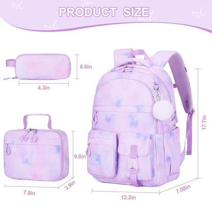 DIGOBAY 3PCS Girls Backpack for School, Kids Backpack for Girls with Lunch Bag Pencil Case, Kids Bookbag Teen Girl Backpacks for Elementary Middle High College School (Purple Tie-dye) 3+ years old - color: Purple Tie-dye