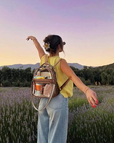 FADEON Clear Small Backpack Purse for Women, Designer Transparent Shoulder Handbag, PVC Mini Clear Bag for Stadium Approved - color: 1-brown Retro Style