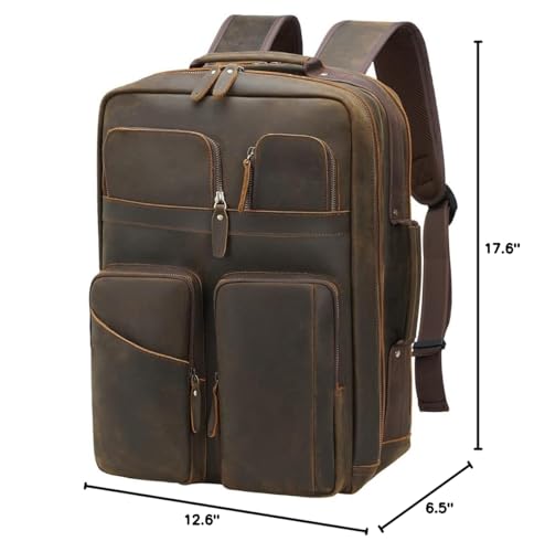 TIDING 17.3" Full Grain Leather Laptop Backpack for Men Multi Pockets Casual Daypack Business Travel Rucksack - color: Dark Brown