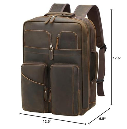 TIDING 17.3" Full Grain Leather Laptop Backpack for Men Multi Pockets Casual Daypack Business Travel Rucksack - color: Dark Brown