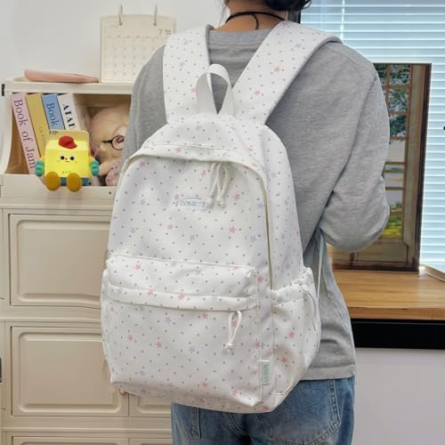 Cute Aesthetic Backpack Y2K Simple Heart Star Print Kawaii Backpacks Travel Laptop Rucksack Backpack for Women (White) - color: White