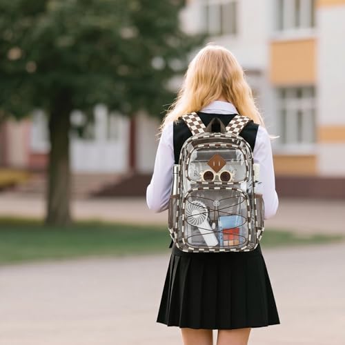 Clear Backpacks for Girls Women, Heavy Duty PVC Transparent Back Pack See Through Boys Kids Clear Bookbags for School Checkered Coffee - color: Checkered Coffee