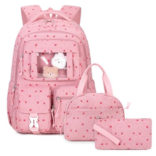 PIG PIG GIRL Corduroy Backpack 3PCS Kids Backpack for Girls School Bags for Middle School Students Book Bag for Elementary Primary Kawaii Ita Backpack with Lunch Box Pencil Case Set, Pink Strawberry - color: Pink Strawberry-3pcs
