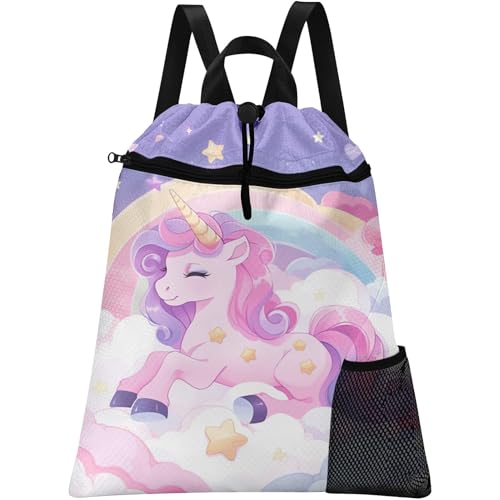 Unicorn Drawstring Backpack, 15” x 17” Waterproof Swim Bag for Beach Swimming Pool, Lightweight Foldable Gym Bag with Water Bottle Holder for Sports Travel - color: Cloud Unicorn