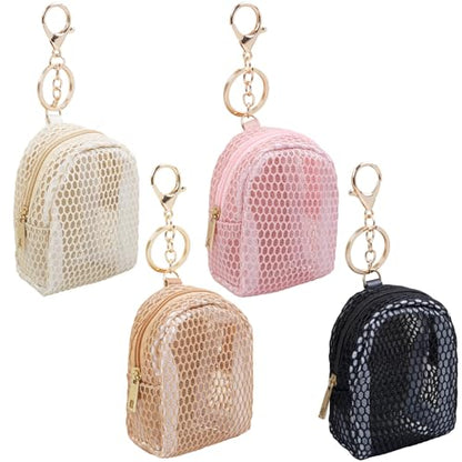 AIBFRID 4Pcs Mini Backpack Keychain,Cute Cosmetic Bag for Women,PU Leather Makeup Bag Key Pocket Lipstick Bag Card Holder Data Cable Organizer Zipper Pouch (Mesh Cosmetic Bag) - color: Mesh Cosmetic Bag