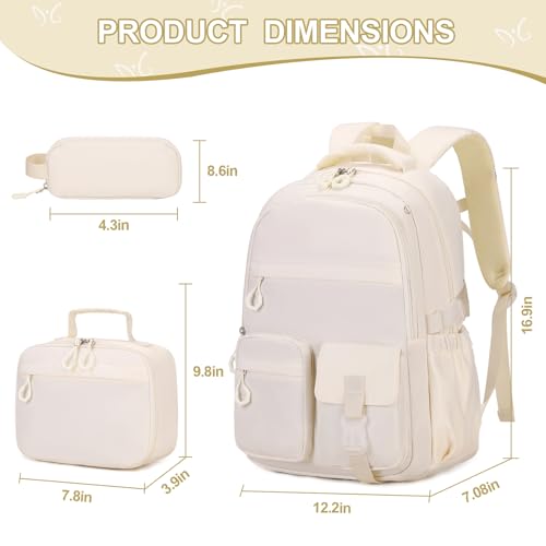 DIGOBAY 3PCS Girls Backpack for School, Kids Backpack for Girls with Lunch Bag Pencil Case, Kids Bookbag Teen Girl Backpacks for Elementary Middle High College School (White) - color: Beige
