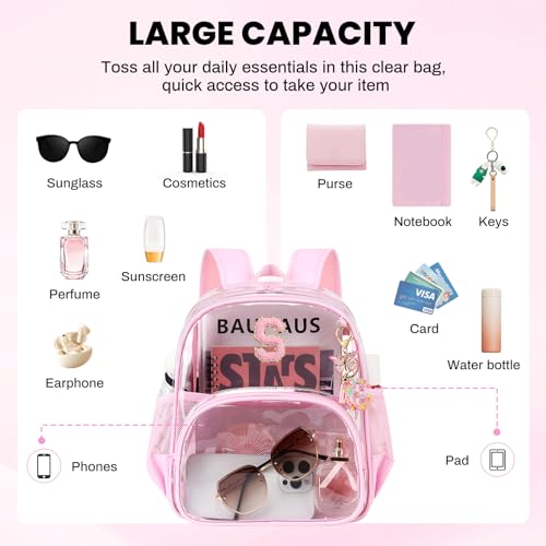 PIG PIG GIRL Clear Backpacks for Stadium Events Approved 12×6×12 Clear Bookbag for Women Mini Transparent Letter Back Pack, Pink, Letter-S - color: Pink, style: S