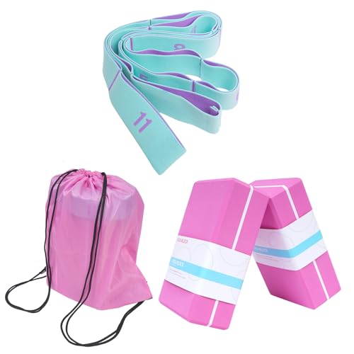 2 Pack Yoga Blocks 350g High Density, Non-Slip EVA Foam Brick with Bonus 11 loops Yoga Strap & Carry Bag, Pilates Block Set for Balance, Flexibility, Meditation, Home Gym & Studio - color: Pink Brick & Blue Band