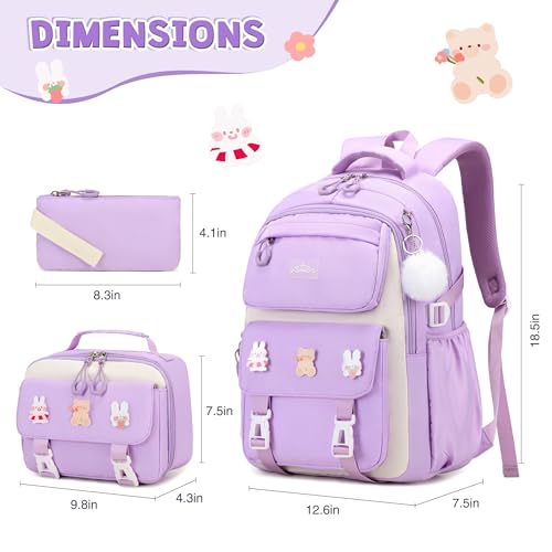 DIGOBAY 3PCS Girls Backpack for School, Kids Backpack for Girls with Lunch Box Pencil Case Set for Teen Girl Elementary Primary Middle High College School Bookbag with Cute Pins (Purple) - color: Purple