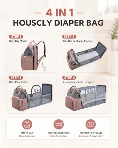 houscly Diaper Bag Backpack with Changing Station: Pink Baby Bags for Girls Boys New Mom Gifts Pañaleras Para Bebe Baby Girl Newborn Essentials Must Haves Baby Shower Gifts Baby Registry - color: Pink