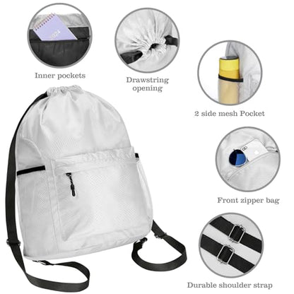 Waterproof Drawstring Bag, Lightweight String Backpack with Water Bottle Holder and Pockets, Gym Sports Cinch Sackpack (Grey) - color: Grey