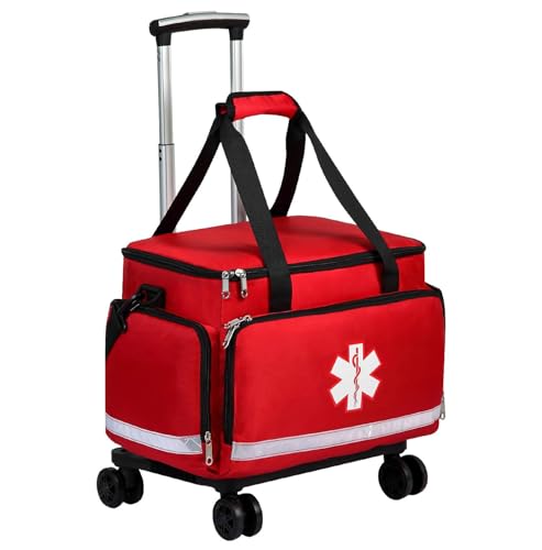 Medical Bag Rolling Roller Bag Trolley Duffel Nurses EMT CNA RN Empty for First Aid Responder Home Health Care Nursing Student Roll Duffle Bag Carry on Wheels Wheeled Work Physicians Doctor - color: Red